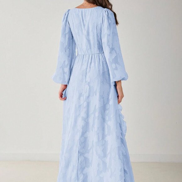 Baby Blue Elegant Women's Romantic Floral V-Neck Long Sleeve Maxi Dress - Picture 3 of 8